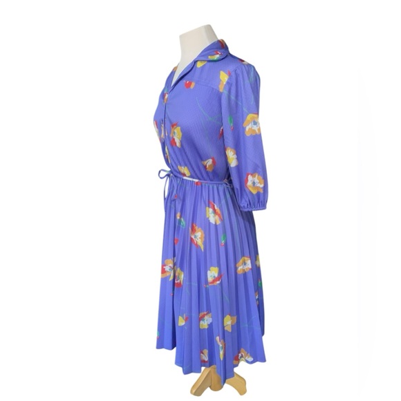 Vintage blue floral pleated pleated midi dress with fabric belt approx medium - Picture 7 of 9